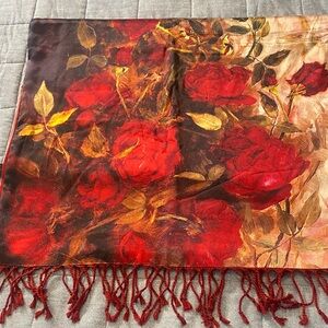 Lush & Long 100% Silk Water Colour Look Red Rose Print Scarf with Fringe